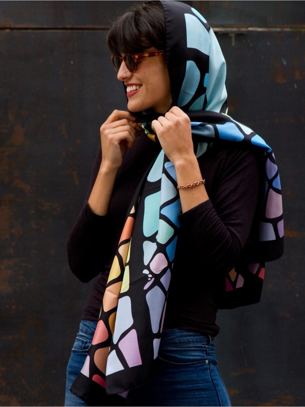 Colorful pastel stained glass windows design rectangle silk scarf 67” Lisa Coca
